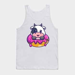 Cute baby cow with doughnut cartoon Tank Top